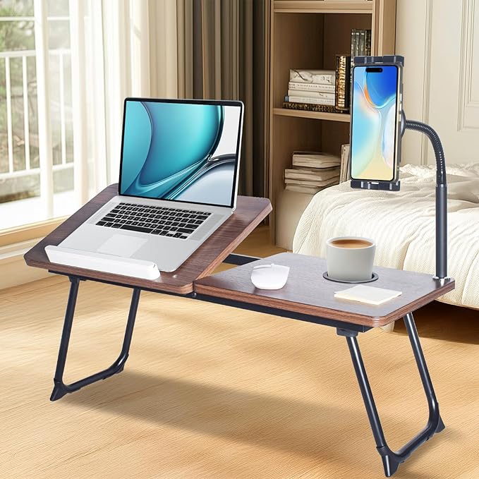 wishacc 28.7" Extra Large Adjustable Laptop Desk Stand with Phone Mount, Wooden Desktop, Portable Design