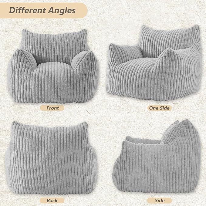 Achicsofar Giant Bean Bag Chairs for Adults Teens, Large Bean Bag Sofa Chairs with Filling Comfy Fuzzy BeanBag Chair with Armrests for Bedroom Living Room Reading (Light Gray, Large)