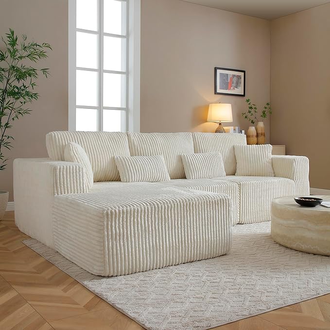 108" Boneless Cloud Sectional Couches for Living Room, Comfy Fluffy L Shaped Memory Foam Deep Seat Boneless Couch, Modular Sectional Sofa with Left Facing Chaise, Beige