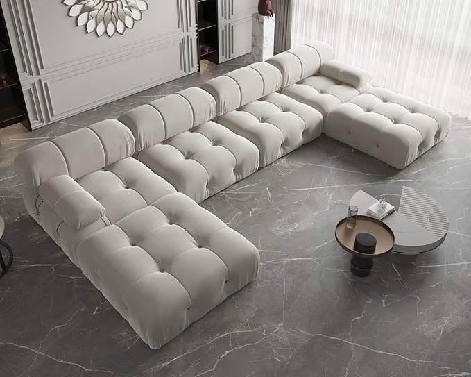 JACH U-Shaped Sectional Couch, 138'' Modern Deep 4-Seat Couches, Minimalist Teddy Velvet Sectional Sofas with Chaise Ottomans, Convertible Modular Sleeper Sofa for Living Room Apartment (Beige)
