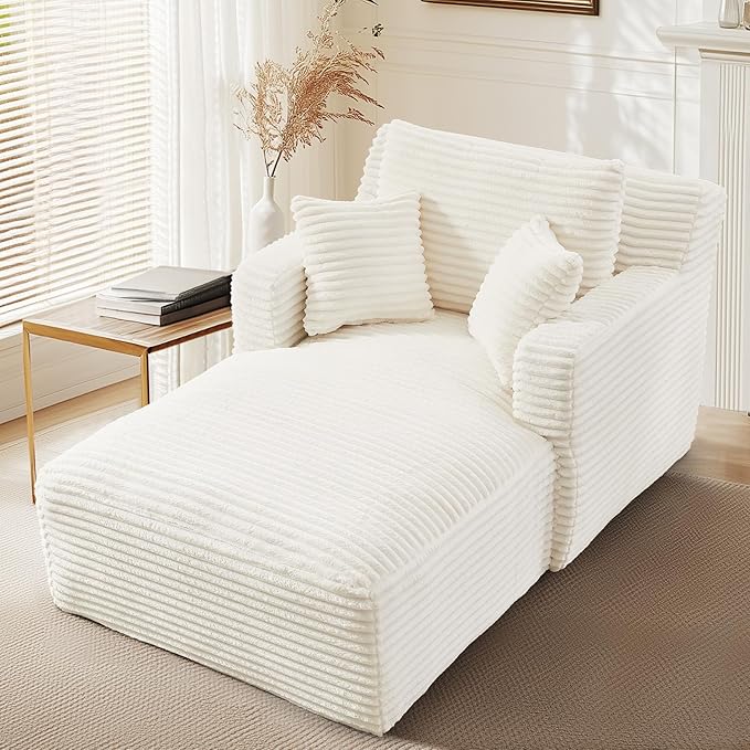 VEPXXP 65.4" Chaise Lounge Chair Indoor, Oversized Boneless Couch Comfy Upholstered Sleeper Sofa Bed with 3 Pillows, Corduroy Cloud Reading Chair for Living Room No Assembly Required, White