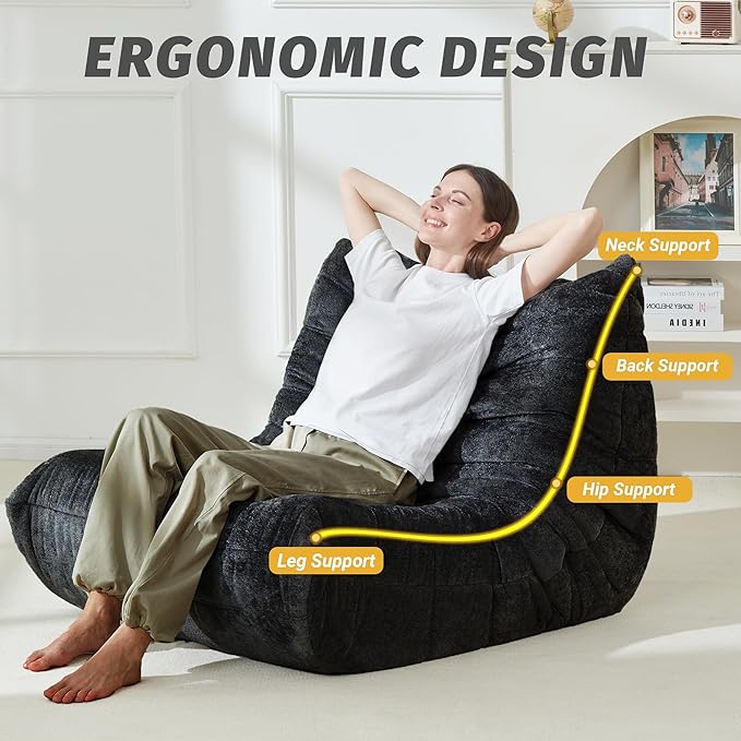 Homguava Bean Bag Chair, Giant Beanbag Chairs for Adults, Memory Foam Fireside Chair, Large Lazy Floor Sofa, Sofa Couch with High-Rebound Foam, Lounge Chair for Living Room, Bedroom (Black, Single)