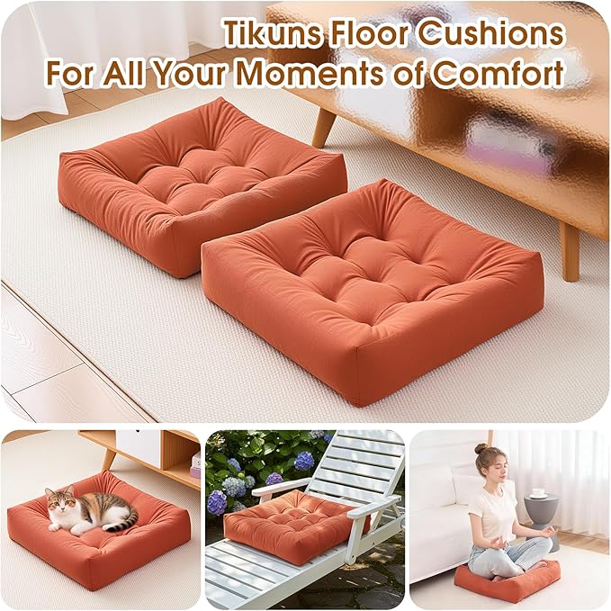 Tikuns 2Pcs Floor Pillows for Adults, 22 * 22 Inch Meditation Cushions, Large Square Sitting Cushion Living Room Memory Foam Pillow for Sitting (2, Orange, 22x22x4 Inch)