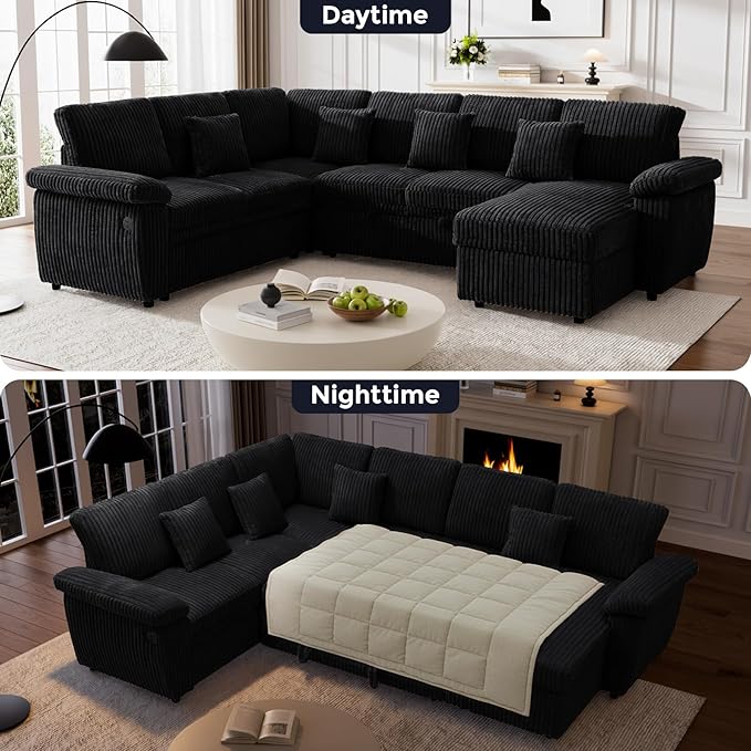 Modular Sectional Sleeper Sofa with Pull Out Bed, Storage Chaise & USB Charging, U Shaped Plush Corduroy Black Sectional Couches for Living Room, Comfy Convertible 7 Seat Cloud Sofa Bed, Black