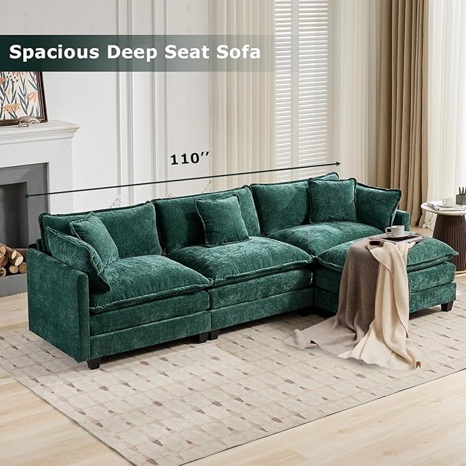 SoarFlash 113.78" Chenille Sectional Sofa, Comfy Modular Loveseat Sofa, Modern 3-Seat Couch Deep Seat Sofa Set for Living Room,Green