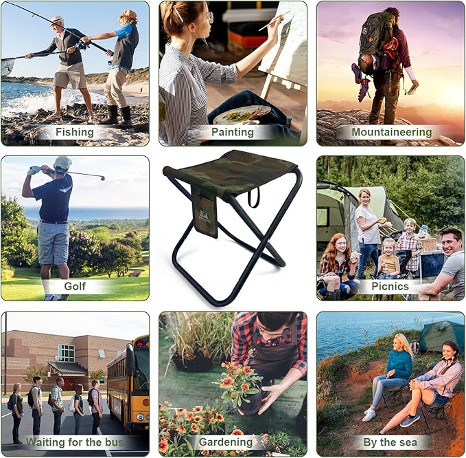 K-MingleSo Upgraded Portable Folding Stool, 13 Inch Camping Stool for Adults Fishing Hiking Gardening and Beach with Carry Bag, Hold Up to 450lbs[Camo]