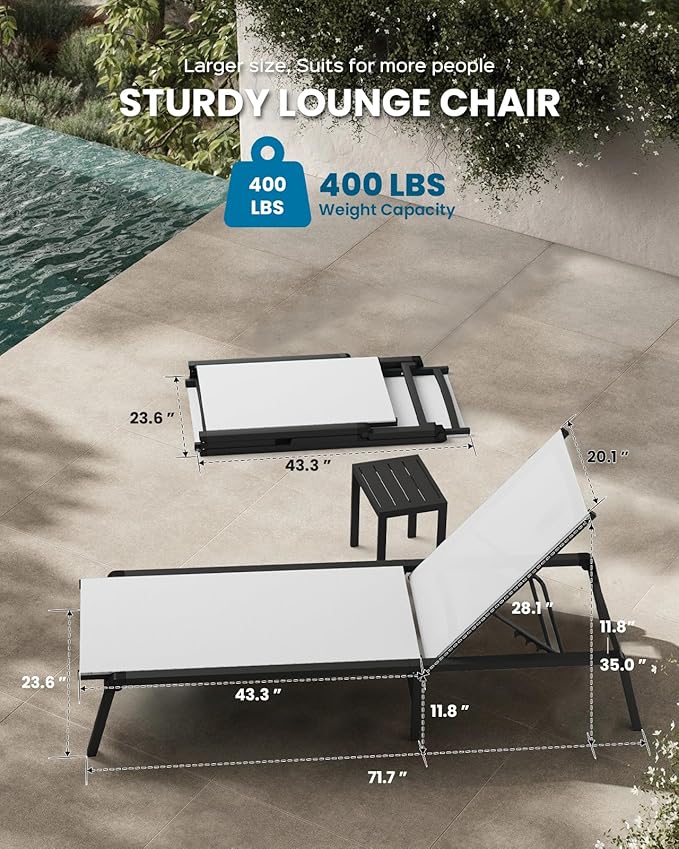Vexwalx Foldable Lounge Chair Outdoor, Aluminum Pool Lounge Chairs with 5 Positions Recliner - No Assembly - Patio Chaise Lounge Chair for Outside, Poolside (White)