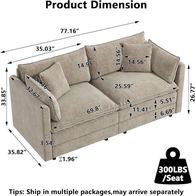 Aoowow Modular Sectional Sofa Modern Convertible Loveseat Couch,77.16 Inch Deep 2-Seater Sofas Comfy Chenille Cloud Sofas and Couches with Pillows for Living Room Apartment（Camel）