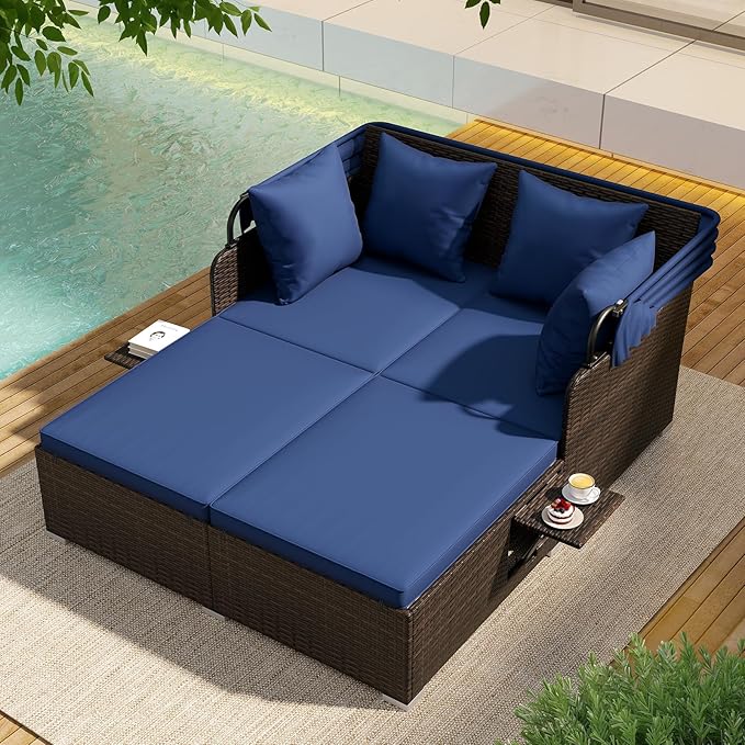 Tangkula Patio Rattan Daybed with Retractable Canopy, Outdoor Wicker Sunbed with 2 Foldable Side Tables, Thick Seat & Back Cushions, Outside Double Daybed for Garden, Backyard, Porch, Navy & Brown