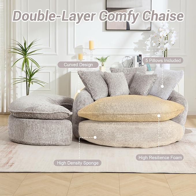 54" Oversized Round Chaise Lounge Indoor Boneless Bean Bag Chair with Movable Ottoman Fluffy Comfy Reading Chair Large Circle Cloud Couch Sleeper Sofa Bed for Living Room, Bedroom, Light Gray