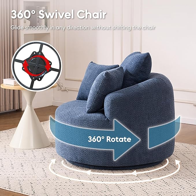 Yoglad 38.58'' Swivel Round Chair, Comfy Boucle 360° Accent Chair with Thick Cushion, Oversized Modern Single Sofa with 3 Pillows, Soft Armchair for Nursery, Living Room, Bedroom, Office (Blue)