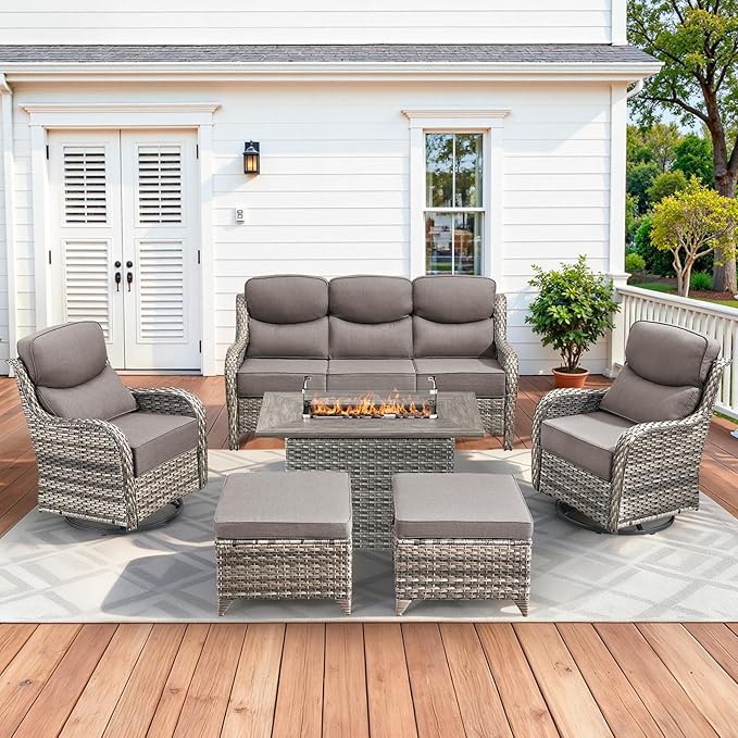 Pugire Luxury Patio Furniture Set with 42.5" Fire Pit Table, 6 Pieces High Back All Weather Wicker Outdoor Furniture w/ 6-Inch Thick Cushions, Patio Swivel Chairs Couch for Deck Balcony Backyard Grey