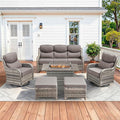 Pugire Luxury Patio Furniture Set with 42.5" Fire Pit Table, 6 Pieces High Back All Weather Wicker Outdoor Furniture w/ 6-Inch Thick Cushions, Patio Swivel Chairs Couch for Deck Balcony Backyard Grey
