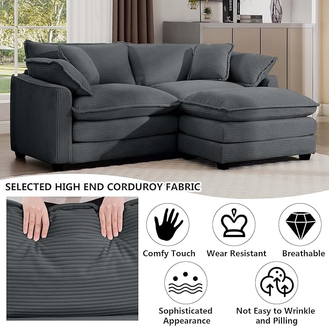 Aoowow Corduroy Loveseat Couch with Ottoman,Modern 2 Seater Cloud Couches for Living Room,Modular Sectional Cloud Sofas Deep Seat,Oversized L-Shaped Couch for Small Spaces (Grey, 2 Seater + 1 Ottoman)