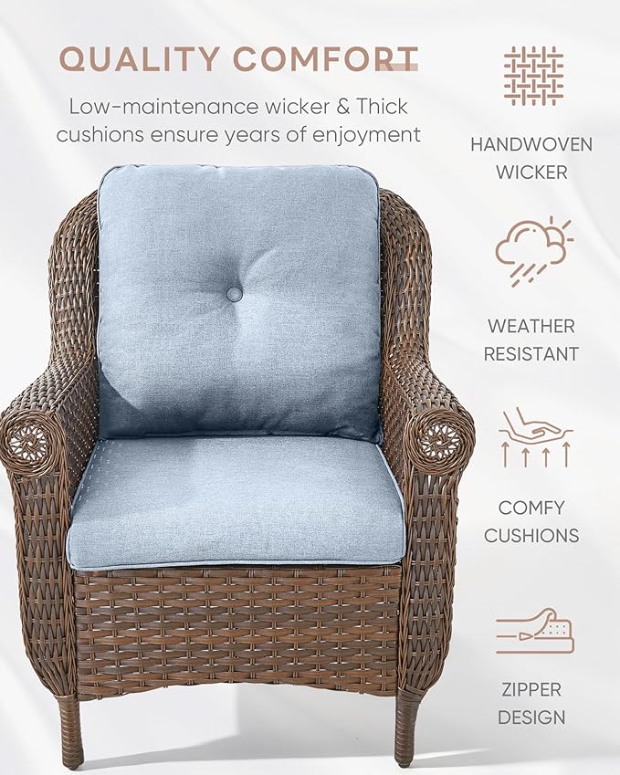 ACTREST Patio Wicker Chairs Outdoor Furniture Chair - Set of 4 Outside All Weather Lawn Dining Brown Rattan Armchair with High Back&Deep Seating for Deck Porch Balcony Backyard Garden - Baby Blue