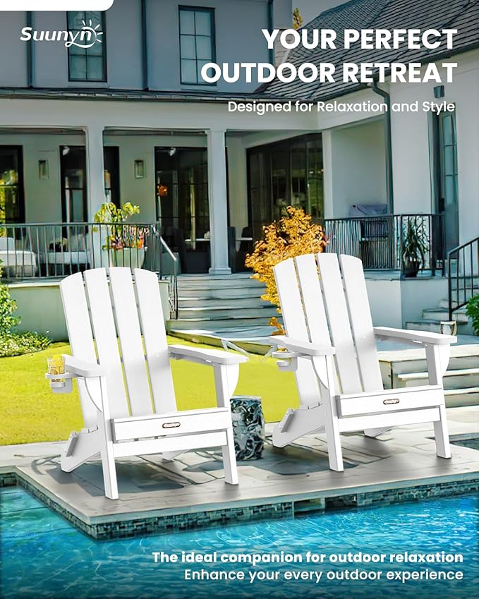 Folding Adirondack Chair 4 Pack, HDPE All-Weather Fire Pit Chairs, Plastic Adirondack Chairs with 2 Cup Holder, Outdoor Lawn Chair for Patio Garden (White)