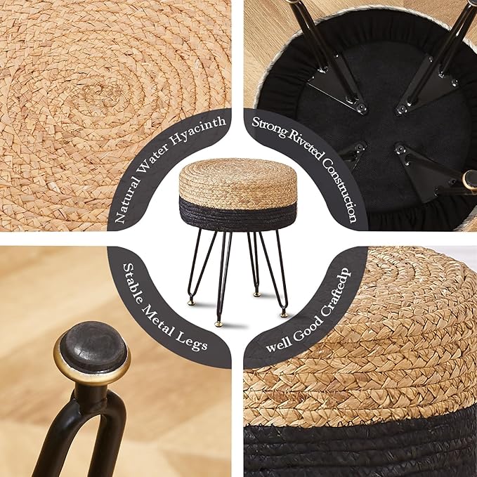 Wimarsbon Ottoman Pouf Handmade Natural Water Hyacinth,Round Footrest with 4 Metal Legs,Vanity Stool for Bedroom,Hallway,Living Room (Natural Water Hyacinth+Black Corn Husk)