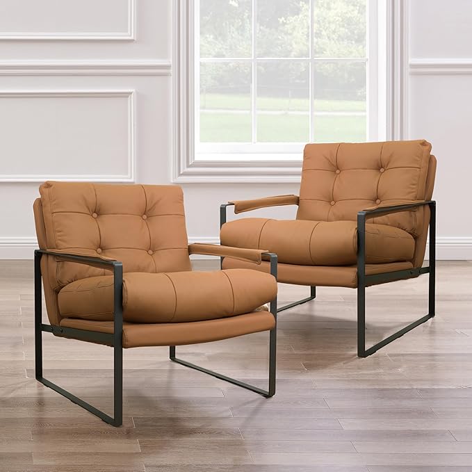 Zouron Leather Accent Chairs Set of 2, Modern Reading Chairs Single Sofa Arm Chair for Living Room Bedroom Reception Room, Khaki Button Tufted