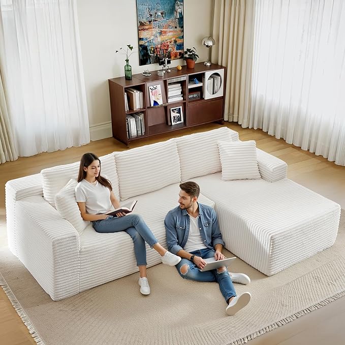 105" Sectional Couches for Living Room Cloud Couch Sofa with L-Shape Upholstered Boneless Couchs Modern Modular Sectional Couch with Chaise (White, 105" W+Right Facing Chaise+2Seaters)