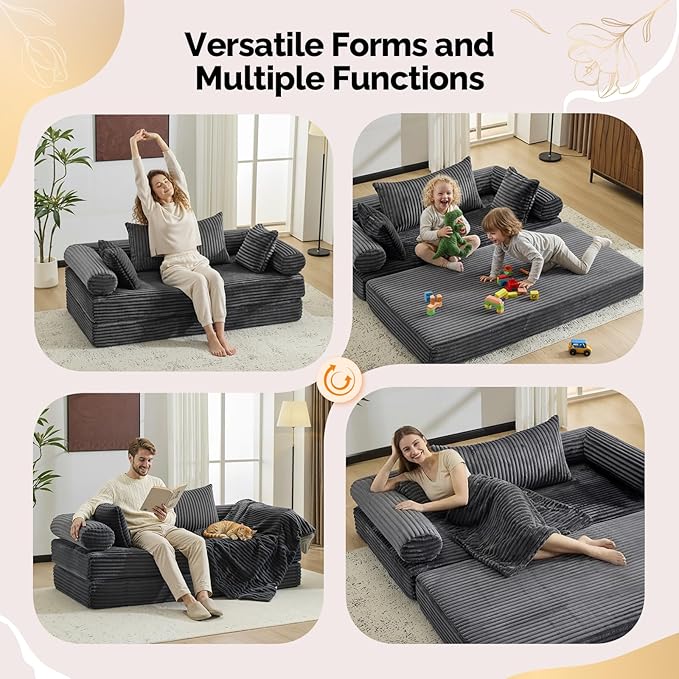 VINGLI Convertible Futon Sofa Bed, Upholstered Corduroy Boneless Couch King Size Floor Loveseat Sleeper Sofa with 2-in-1 Throw Pillow, Couches for Living Room, Bedroom, Lounge, Dark Gray