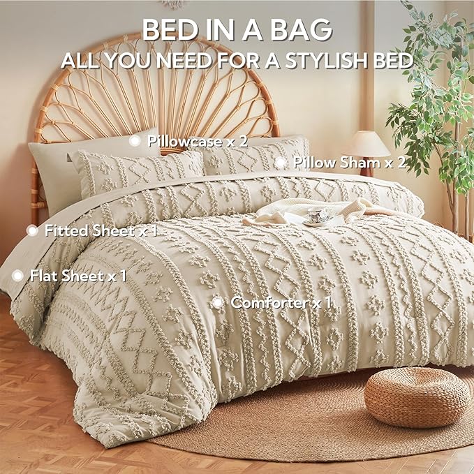 MR&HM Tufted Boho Comforter Set King Size, Linen Farmhouse Bedding Set, Bed in a Bag Set 7 Pieces with 1 Comforter, 2 Pillow Shams, 2 Pillowcases, 1 Flat Sheet, 1 Fitted Sheet for All Seasons