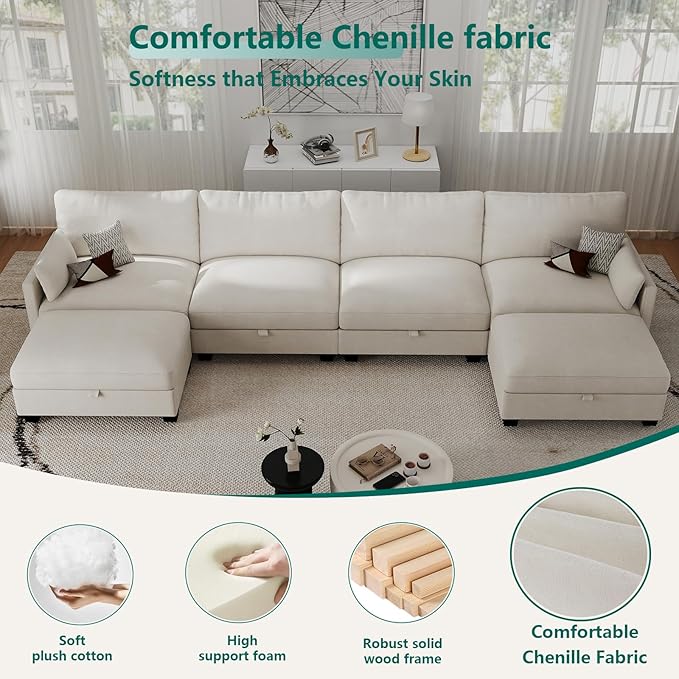 Modular Sectional U Shaped Sofa Couches for Living Room, Cloud Couch with Storage Ottoman, Comfy Chenille Sofa with Pillow, Beige