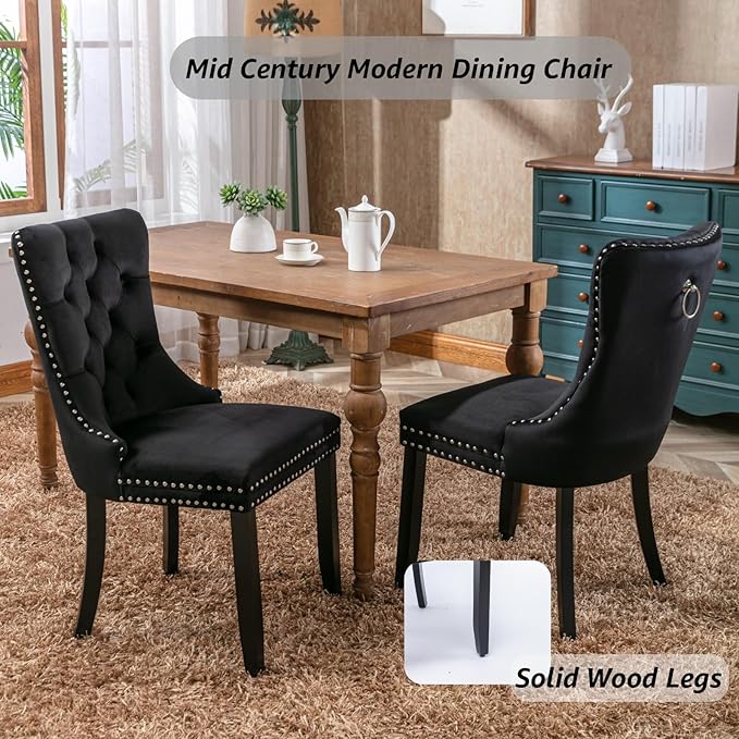 YeahFurn Black Mid Century Modern Dining Chairs Set of 6, Velvet Upholstered Kitchen & Dining Room Chairs with Nailhead Trim & Solid Wood Legs, Elegant Sillas De Comedor (Black, 6 Pcs)