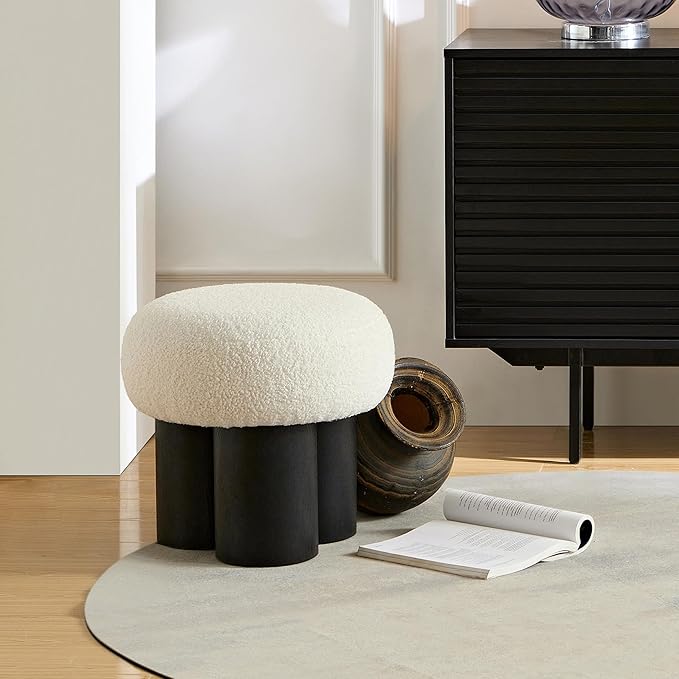 Round Foot Stool, Small Mushroom Ottoman Pouf Footstools Modern Boucle Ottoman Footrest Under Desk, Teddy Foot Rest for Couch Sofa Comfy Floor Step Stool for Living Room,Bedroom,Office(White)