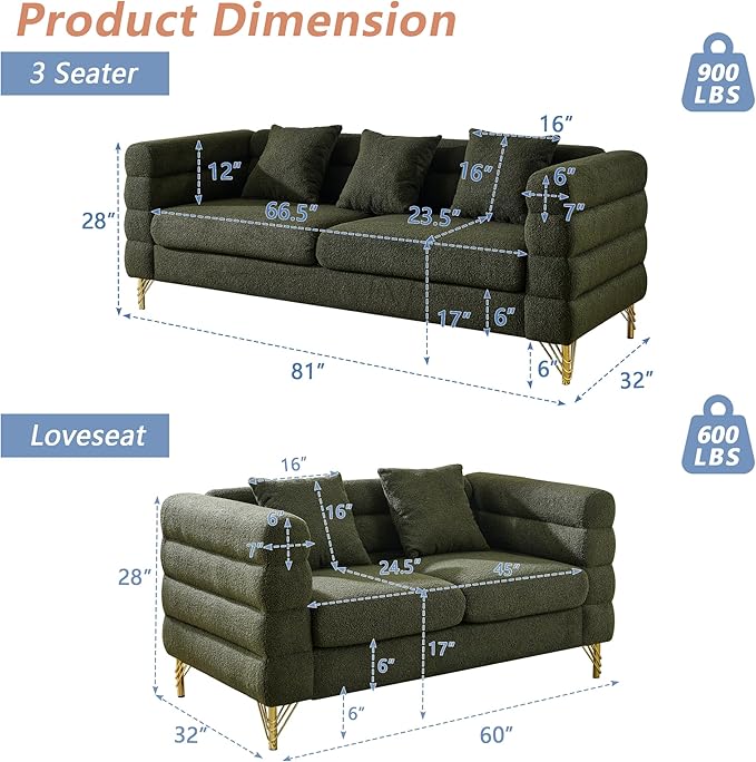 mikibama Luxury Teddy Sofa Set for Living Room, Modern Decor Furniture Sectional Sofa, 3 Seater Couch and Loveseat with 5 Pillows for Apartment, Office, Hall (Green)
