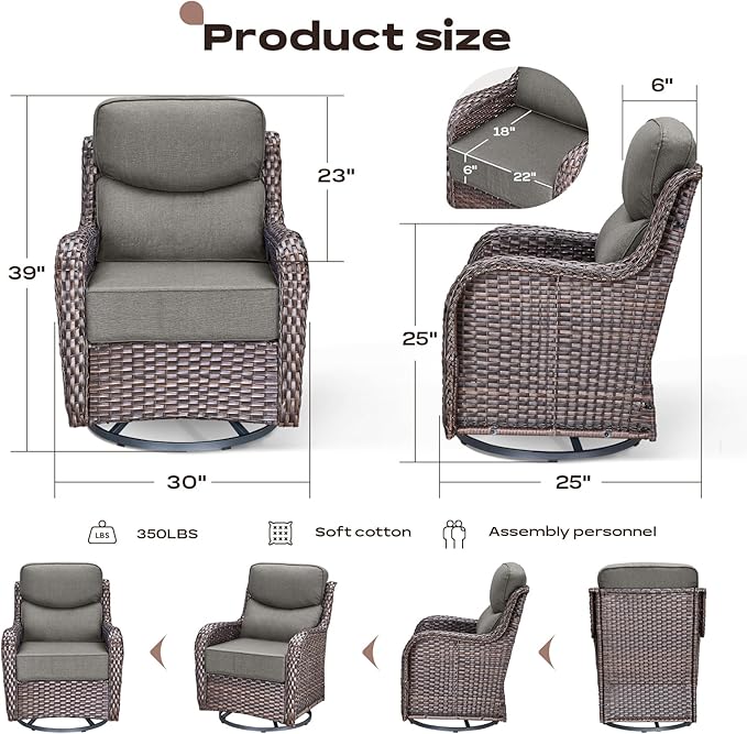 Rilyson Outdoor Patio Furniture Set - Weather Resistant Wicker,High Back,6 inch Cushions,6 Piece Patio Furniture Set with Swivel Rocker Chairs and Side Table for Deck Porch Yard,Brown/Grey