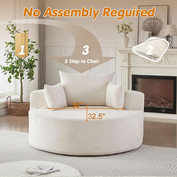 55"W Oversized Round Chair Lounge Chaise Indoor,Upholstered Comfy Circle Sofa Armchair,Modern Cozy Boneless Foam Floor Reading Chair for Living Room,Bedroom,No Assembly Required(Grid Chenille,Beige)
