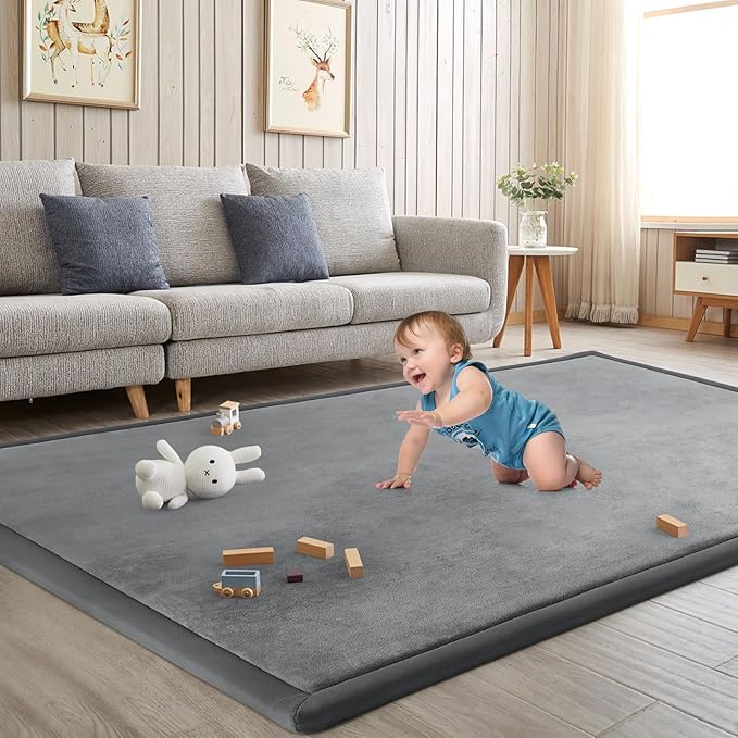 Baby Play Mat for Floor Tummy Time Mat Nursery Muscle Area Rug Playroom Rug Tatami 59"*71" Memory Foam 1.3" Thick Crawling For Babies,Toddlers, Infants, Kids,Floor(Grey)