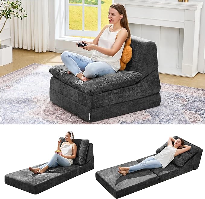 Hobestluk Sofa Couch Folding Sofa Bed Comfy Floor Lounger Convertible Sofa with Removable Cushion Couches for Small Spaces Foldable Mattress for Living Room Bedroom or Office (Chenille Grey, Large)
