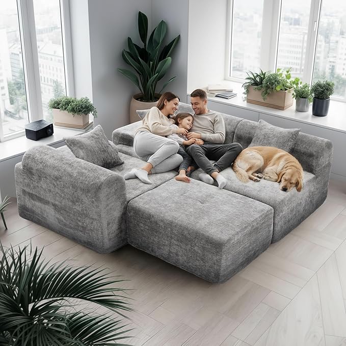 119’’ Modular Sectional Sofa Couch with Chaise, Deep Seat Cloud Couch for Living Room, Modern Chenille Upholstered Sectional with Throw Pillows, Compression Modular Sofa for Apartment or Bedroom, Grey