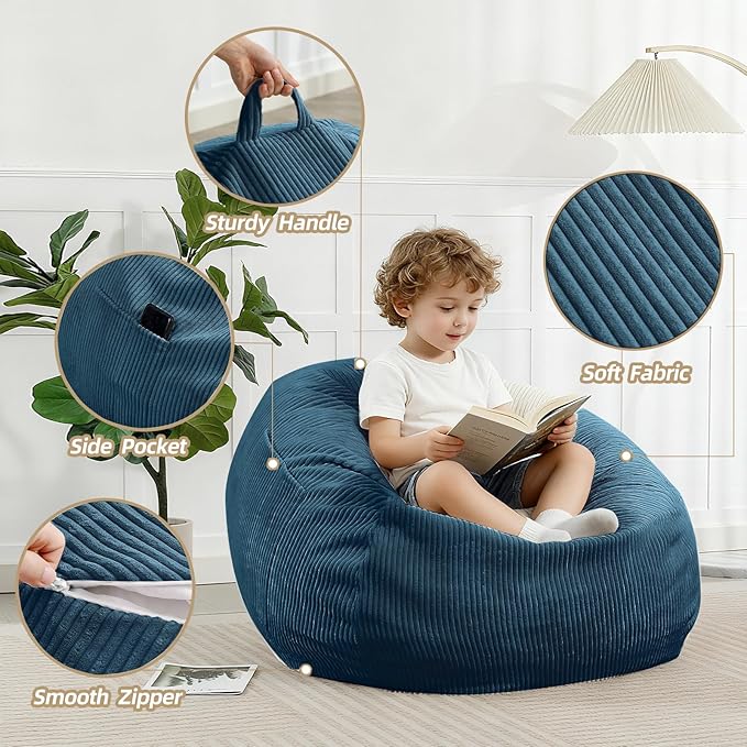 Bean Bag Chair with Corduroy Cover and Memory Foam Filled for Teens and Kids, Small Comfy Fluffy Floor Chair for Living Room Bedroom (Blue, 2.5FT)