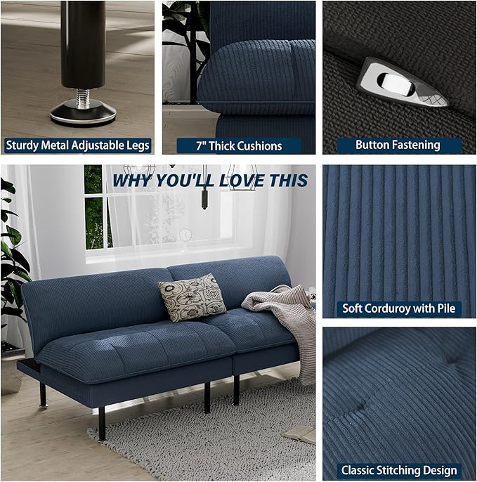 70" Futon Sofa Bed, 4 in 1 Multi-Function Couch Sleeper with Adjustable Backrest, Modern Convertible Futon, Recliner Small Loveseat for Living Room, Dorm, Blue