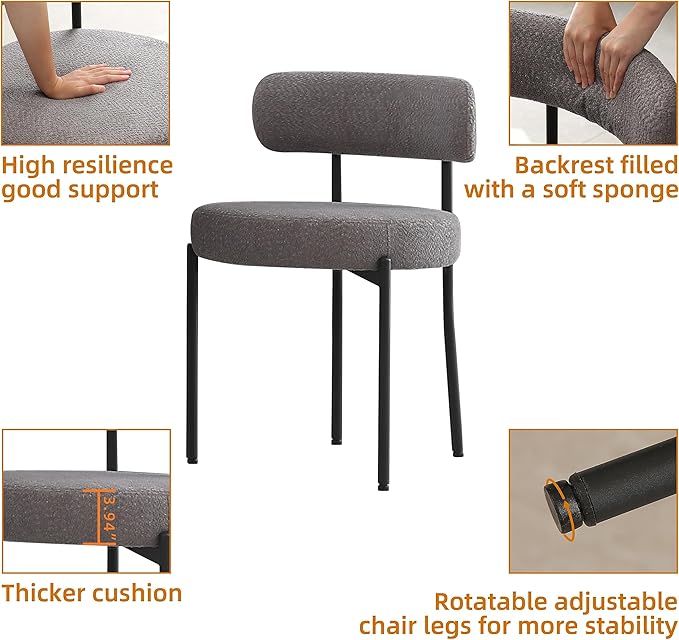 DYHOME Dark Grey Dining Chairs Set of 6, Mid-Century Modern Dining Chairs, Kitchen Dining Room Chairs, Curved Backrest Round Upholstered Boucle Sherpa Dining Chair with Black Metal Legs