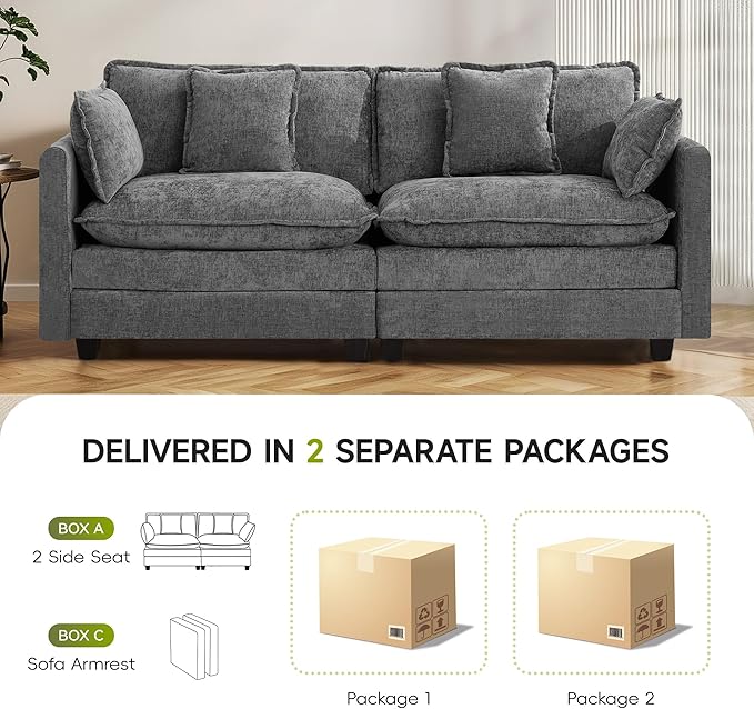 UMBFUN 2-Seater Cloud Couch, Oversized Comfy Modular Sectional Sofa with Deep Seat Cushions, Chenille Loveseat for Living Room, Apartment & Small Spaces, Grey