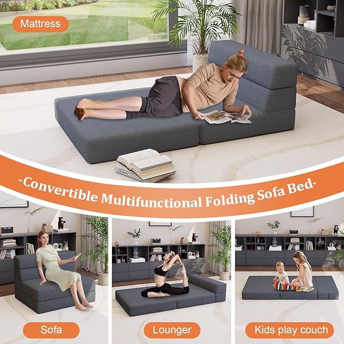 Convertible Folding Sofa Bed,Sleeper Chair,Portable Fold-Out Chair Bed with Backrest & Memory Foam,Modern Floor Futon Sofa Couch Mattress for Living Room/Guest/Apartment