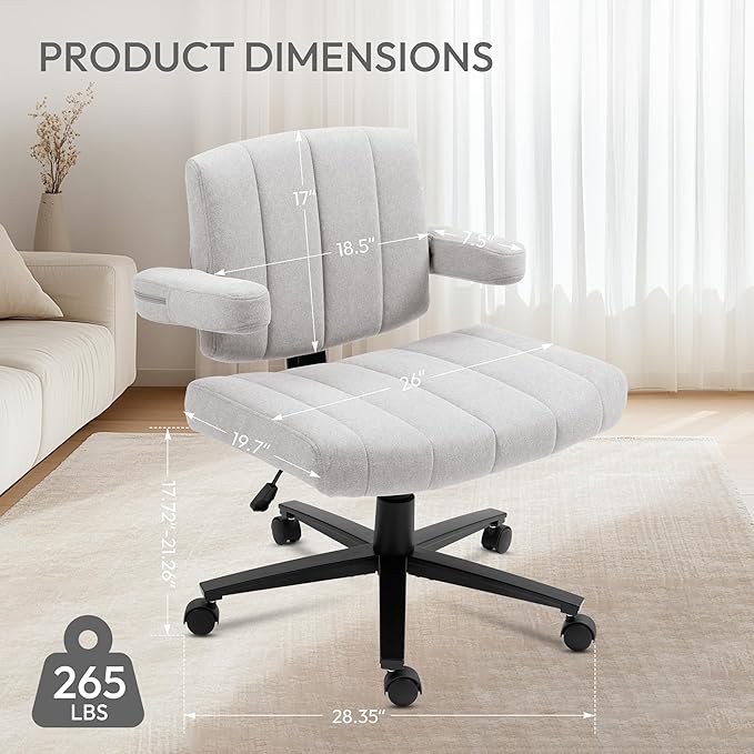 Vigosit Grey Criss Cross Office Chair with Wheels, Ergonomic Wide Seat Vanity & Dressing Table Chair, Adjustable Arms Swivel Rolling Desk Chair for Women, Comfortable Cross-Legged Support