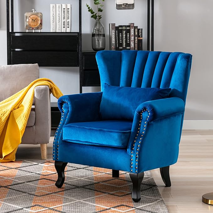 chairus Mid-Century Modern Accent Chair Comfy Single Sofa Chair Channel Back Armchair with Small Pillow for Living Roon Bedroom Club - Velvet, Blue