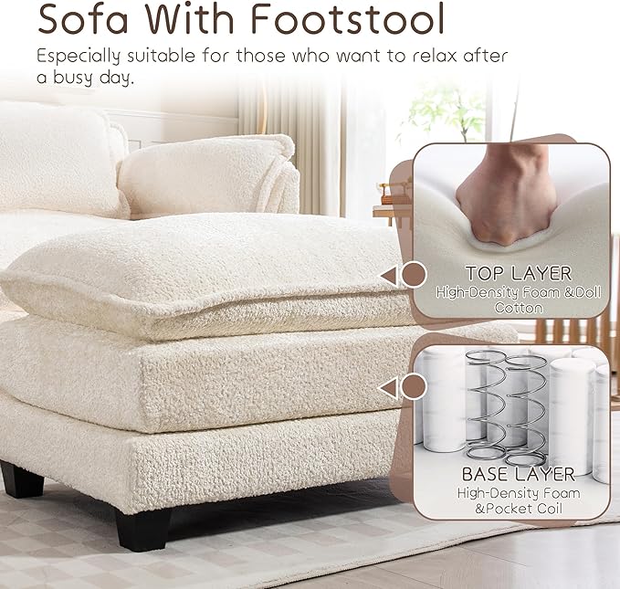 KEIKI Boucle Accent Chair with Storage & Ottoman, Oversized Reading Arm Chair w/Double Cushion, Modern Side Deep Seating Chairs Set, Corner Comfy Lounge Armchair for Living Room, Bedroom, White