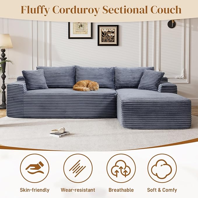 95" Boneless Cloud Sectional Couches for Living Room, Comfy Fluffy L Shaped Memory Foam Deep Seat Boneless Couch, Modular Sectional Sofa with Right Facing Chaise, Grey