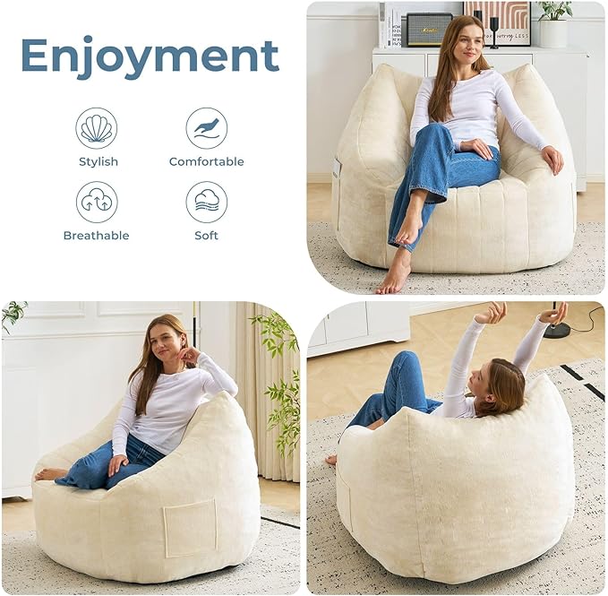 Giant Bean Bag Chair for Adults,Oversized Bean Bag with Filling Plush Fluffy,BeanBag Floor Sofa Chair with with Back Support for Living Room, Bedroom, Reading,Beige