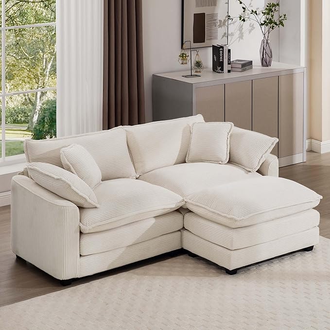 Aoowow Corduroy Loveseat Couch with Ottoman,Modern 2 Seater Cloud Couches for Living Room,Modular Sectional Cloud Sofas Deep Seat,Large L-Shaped Couch for Small Spaces (Beige, 2 Seater + 1 Ottoman)