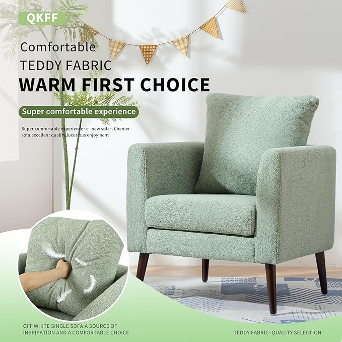 QKFF Barrel Accent Chair Set of 2 with Back Pillow, Large Teddy Upholstered Armchair with Solid Wood Legs Modern Reading Chairs for Living Room Bedroom