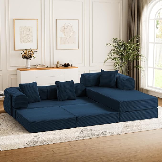 106.3" Oversized Convertible Sleeper Sofa Bed, L Shape Modular Sectional Cloud Sofa with Fixed-Shape Frame, Boneless Couch with Storage Pocket for Living Room, No Assembly Required, Blue