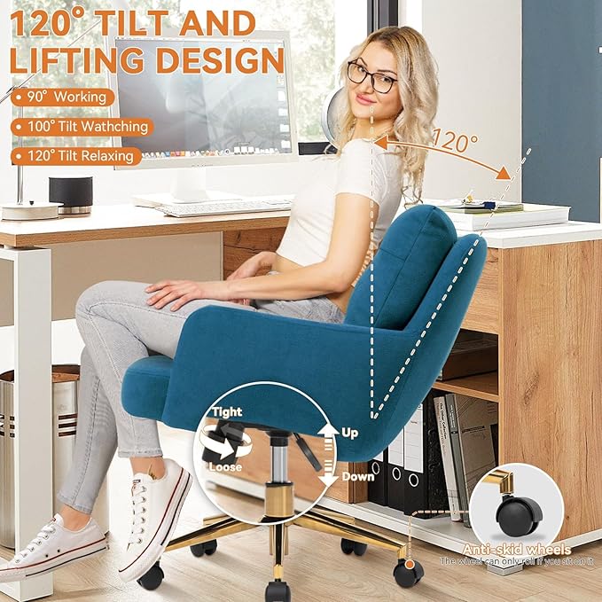 BALIAA Flannel Office Chair, Comfy Home Office Desk Chairs with Lumbar Support, Modern Velvet Desk Chair Gold Legs Small Swivel Task Chair for Home Office, Bedroom, Study (Blue, L)