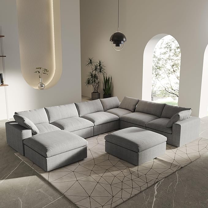 8 Seater Cloud Sectional Couch, Oversize Modular Sofa, Modern Comfy Cloud Sofa with Storage Ottomans, Covers Removable, Convertible Sleeper Couch for Living Room Apartment (Light Grey, Linen Fabric)
