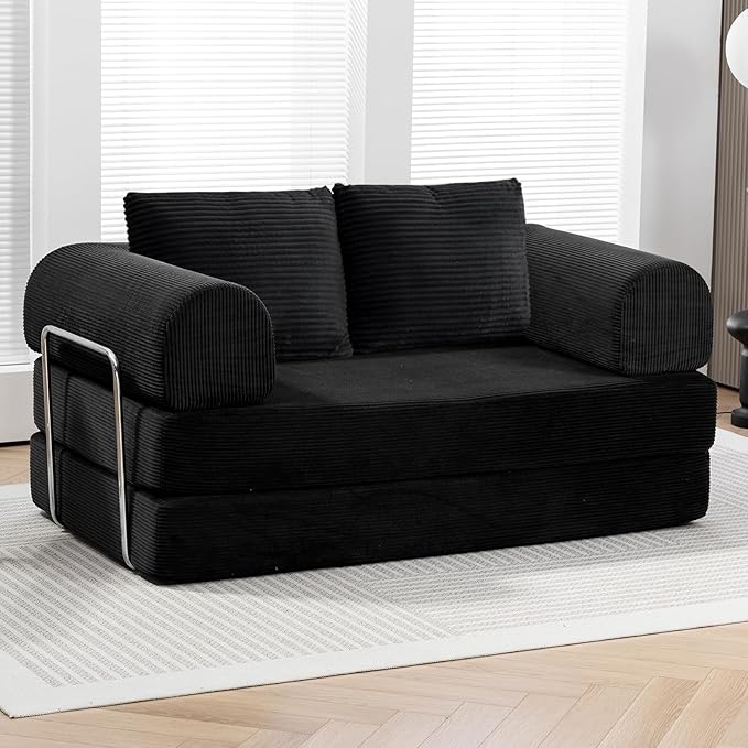 Folding Sofa Bed,63''Cozy Floor Sofa Lounge Couch, 4-in-1 Convertible Sleeper with Memory Foam, Space-Saving Floor Couch for Living Room, Bedroom, Apartment (Black)